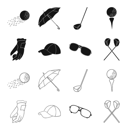 A glove for playing golf with a ball, a red cap, sunglasses, two clubs. Golf Club set collection icons in black,outline style vector symbol stock illustration web.のイラスト素材