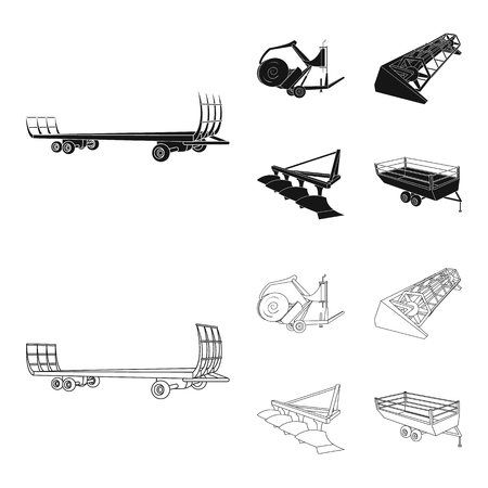 Plow, combine thresher, trailer and other agricultural devices. Agricultural machinery set collection icons in black,outline style vector symbol stock illustration web.のイラスト素材