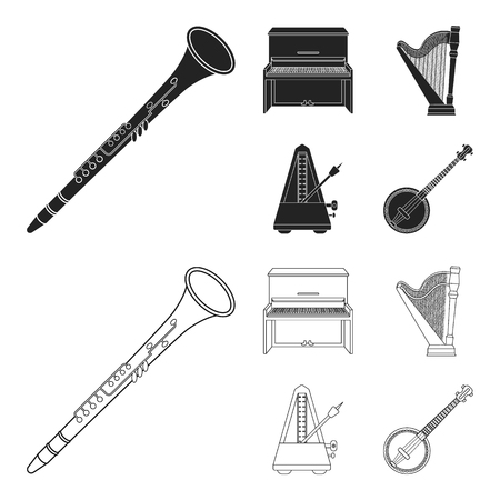 Banjo, piano, harp, metronome. Musical instruments set collection icons in black,outline style vector symbol stock illustration web.のイラスト素材