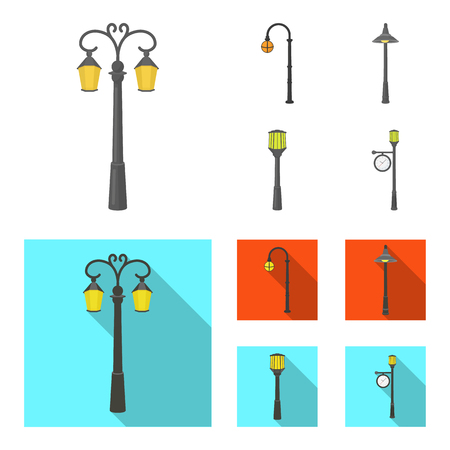 Lamppost in retro style,modern lantern, torch and other types of streetlights. Lamppost set collection icons in cartoon,flat style vector symbol stock illustration web.のイラスト素材