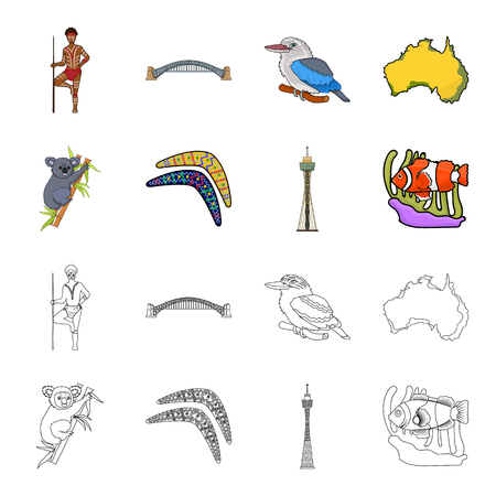 Koala on bamboo, boomerang, Sydney tower, fish clown and ammonium.Australia set collection icons in cartoon,outline style vector symbol stock illustration .のイラスト素材