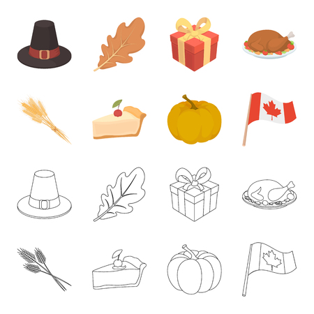 Spike of wheat, a piece of pie with cranberries, pumpkin, national flag.Canada thanksgiving day set collection icons in cartoon,outline style vector symbol stock illustration web.のイラスト素材