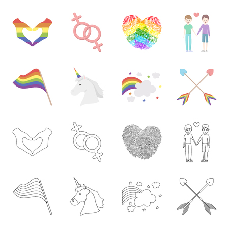 Flag, unicorn symbol, arrows with heart.Gay set collection icons in cartoon,outline style vector symbol stock illustration .のイラスト素材