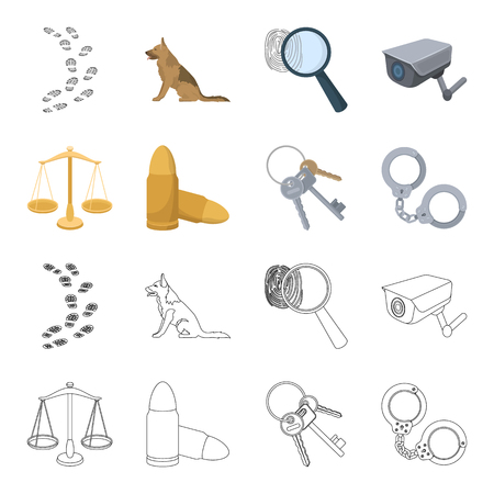 Scales of justice, cartridges, a bunch of keys, handcuffs.Prison set collection icons in cartoon,outline style vector symbol stock illustration web.のイラスト素材