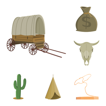 Attributes of the wild west cartoon icons in set collection for design. Texas and America vector symbol stock illustration.のイラスト素材