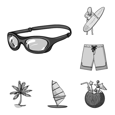 Surfing and extreme monochrome icons in set collection for design. Surfer and accessories vector symbol stock web illustration.のイラスト素材