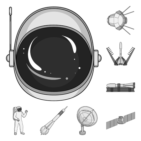 Space technology monochrome icons in set collection for design.Spacecraft and equipment vector symbol stock web illustration.のイラスト素材