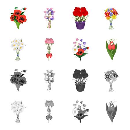A bouquet of fresh flowers cartoon, monochrome icons in set collection for design. Various bouquets vector symbol stock web illustration.のイラスト素材
