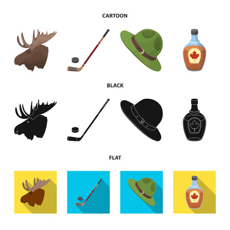 A canadian policeman hat, a bottle of maple syrup and other Canadian symbols.のイラスト素材