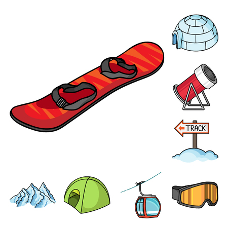 Ski resort and equipment cartoon icons in set collection for design. Entertainment and recreation vector symbol stock web illustration.のイラスト素材
