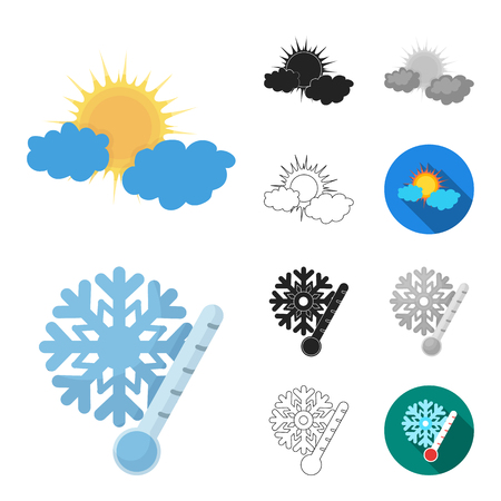 Different weather cartoon,black,flat,outline icons in set collection for design.Signs and characteristics of the weather vector symbol stock web illustration.のイラスト素材