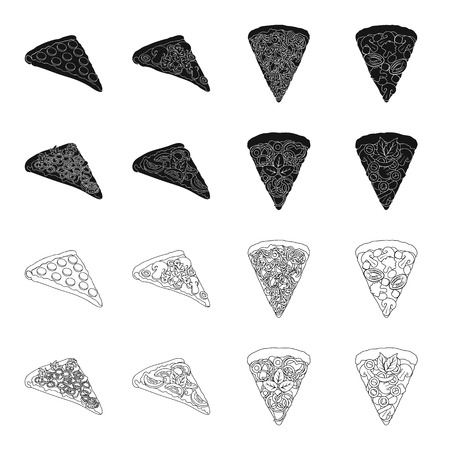 A slice of pizza with different ingredients. Different pizza set collection icons in black, outline style vector symbol stock illustrationのイラスト素材