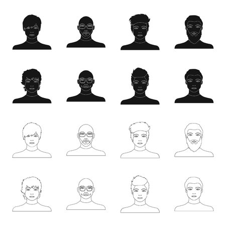 Male faces set collection icons in black and outline styleのイラスト素材