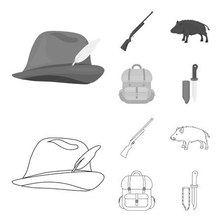 A hunting hat with a feather, a wild boar, a rifle, a backpack with things..Hunting set collection icons in outline,monochrome style vector symbol stock illustration .のイラスト素材