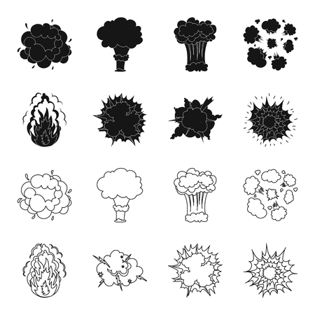 Flame, sparks, hydrogen fragments, atomic or gas explosion, thunderstorm, solar explosion. Explosions set collection icons in black,outline style vector symbol stock illustration web.のイラスト素材