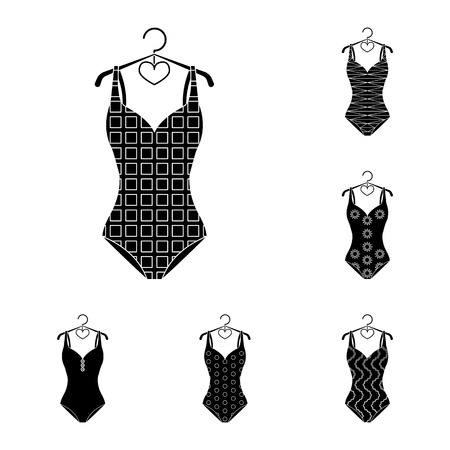 Different types of swimsuits black icons in set collection for design. Swimming accessories vector symbol stock  illustration.のイラスト素材