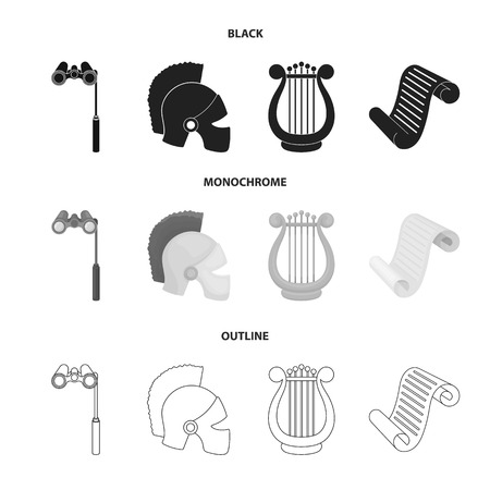Theatrical binoculars, a helmet, a harp and a paper scroll. The theater set collection icons in black,monochrome,outline style vector symbol stock illustration .のイラスト素材