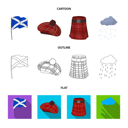 Flag, kilt, rainy weather, cap.Scotland country set collection icons in cartoon,outline,flat style vector symbol stock illustration .のイラスト素材