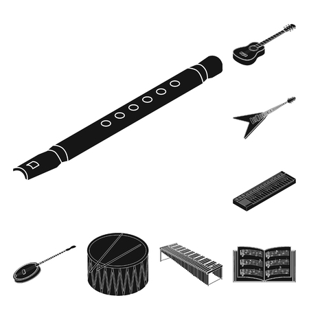 Musical instrument black icons in set collection for design. String and Wind instrument isometric vector symbol stock web illustration.のイラスト素材
