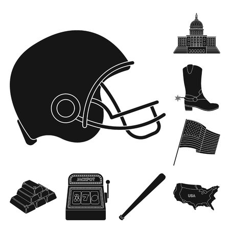 USA country black icons in set collection for design.Travel and attractions vector symbol stock web illustration.のイラスト素材