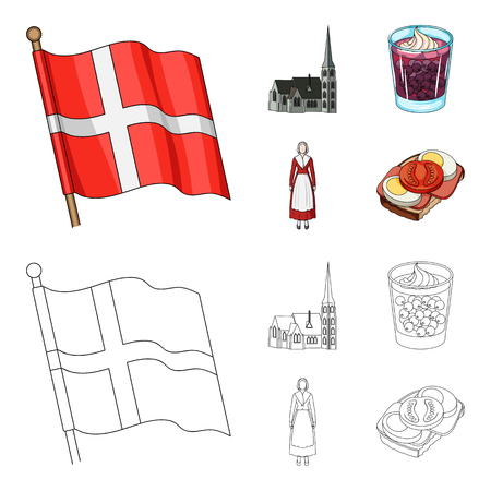 Flag, national, symbol, and other web icon in cartoon, outline style. Denmark, history, tourism, icons in set collection.のイラスト素材