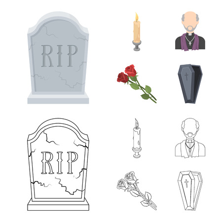 A granite tombstone with an inscription, a mourning candle, a pasteur, a priest and mourning roses. Funeral ceremony set collection icons in cartoon,outline style vector symbol stock illustration web.のイラスト素材