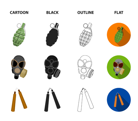 Gas mask, nunchak, ammunition, soldier token. Weapons set collection icons in cartoon,black,outline,flat style vector symbol stock illustration web.のイラスト素材