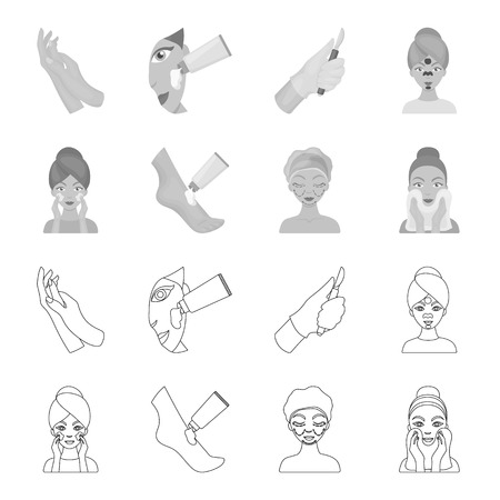 Face care, plastic surgery, face wiping, moisturizing the feet. Skin Care set collection icons in outline,monochrome style vector symbol stock illustration .のイラスト素材
