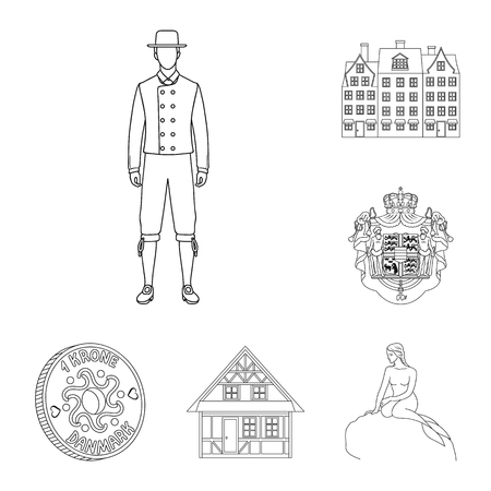Traveling in Denmark outline icons in set collection for design. Denmark and attractions vector symbol stock web illustration.のイラスト素材