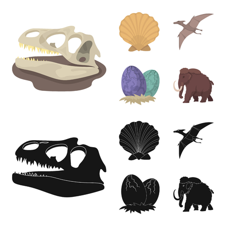Prehistoric shell, dinosaur eggs,pterodactyl, mammoth. Dinosaur and prehistoric period set collection icons in cartoon,black style vector symbol stock illustration web.のイラスト素材