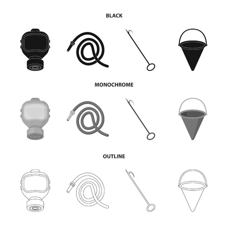 Gas mask, hose, bucket, bagore. Fire department set collection icons in black,monochrome,outline style vector symbol stock illustration web.のイラスト素材