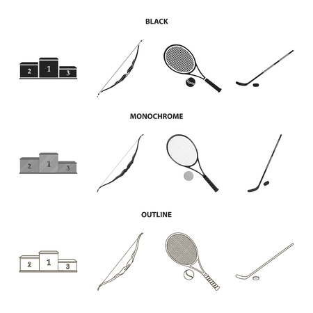 Pedestal of honor for the winners, bow for shooting arrows, racket with a ball for the tennis, hockey stick and puck. Sports set collection icons in black,monochrome,outline style vector symbol stock illustration web.のイラスト素材