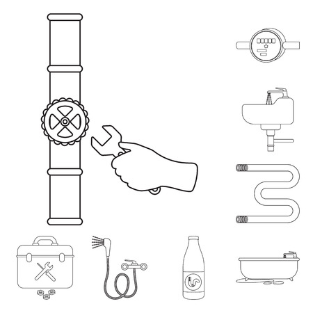 Plumbing, fitting outline icons in set collection for design. Equipment and tools vector symbol stock web illustration.のイラスト素材