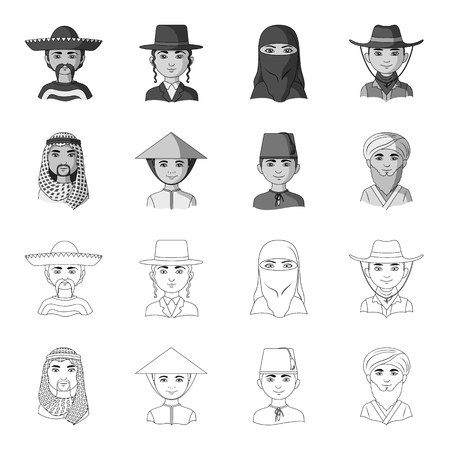 Arab, turks, vietnamese, middle asia man. Human race set collection icons in outline,monochrome style vector symbol stock illustration web.のイラスト素材