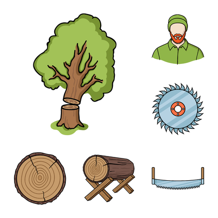 Sawmill and Timber cartoon icons in set collection for design. Hardware and Tools vector symbol stock  illustration.のイラスト素材