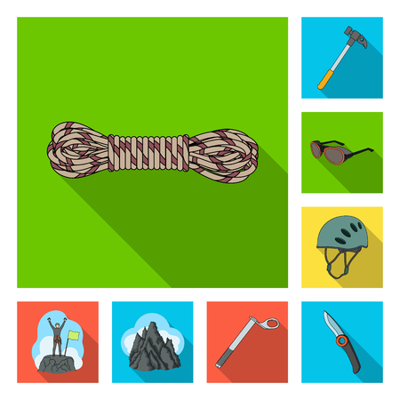 Mountaineering and climbing flat icons in set collection for design. Equipment and accessories vector symbol stock  illustration.のイラスト素材