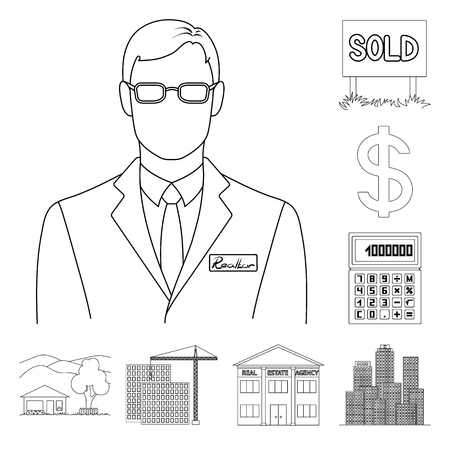 agency outline icons in set collection for design. Buying and selling real estate vector symbol stock web illustration.のイラスト素材