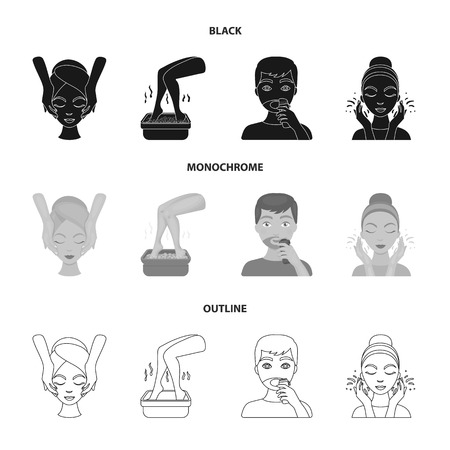 Face massage, foot bath, shaving, face washing. Skin Care set collection icons in black,monochrome,outline style vector symbol stock illustration web.のイラスト素材