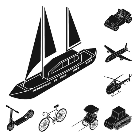 Different types of transport black icons in set collection for design. Car and ship isometric vector symbol stock web illustration.のイラスト素材