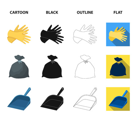 Gel for washing in a pink bottle, yellow gloves for cleaning, a brush for glass, a black bag for garbage or waste. Cleaning set collection icons in cartoon,black,outline,flat style vector symbol stock illustration web.のイラスト素材