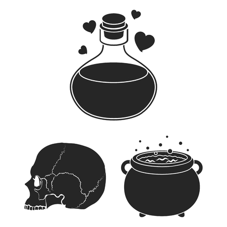 Black and white magic black icons in set collection for design. Attributes and sorceress accessories vector symbol stock web illustration.のイラスト素材