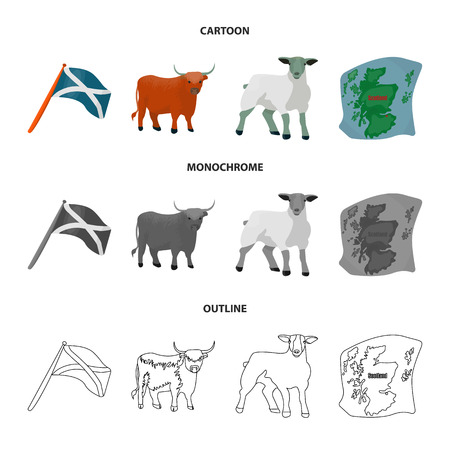 The state flag of Andreev, Scotland, the bull, the sheep, the map of Scotland. Scotland set collection icons in cartoon,outline,monochrome style vector symbol stock illustration web.のイラスト素材