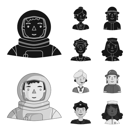 An astronaut in a spacesuit, a co-worker with a microphone, a fireman in a helmet, a policeman with a badge on his cap. People of different professions set collection icons in black,monochrome style vector symbol stock illustration .のイラスト素材