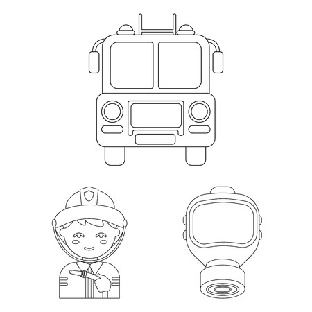 Fire Department outline icons in set collection for design. Firefighters and equipment vector symbol stock web illustration.のイラスト素材