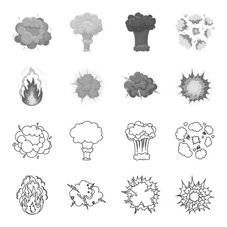 Flame, sparks, hydrogen fragments, atomic or gas explosion, thunderstorm, solar explosion. Explosions set collection icons in outline,monochrome style vector symbol stock illustration .のイラスト素材