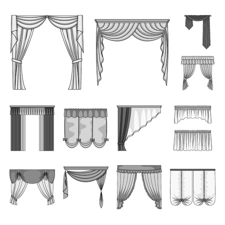 Different kinds of curtains monochrome icons in set collection for design. Curtains and lambrequins vector symbol stock  illustration.のイラスト素材