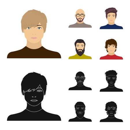 The face of a Bald man with glasses and a beard, a bearded man, the appearance of a guy with a hairdo. Face and appearance set collection icons in cartoon,black style vector symbol stock illustration web.のイラスト素材