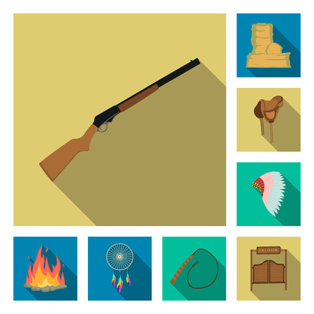 Attributes of the wild west flat icons in set collection for design.Texas and America vector symbol stock  illustration.のイラスト素材