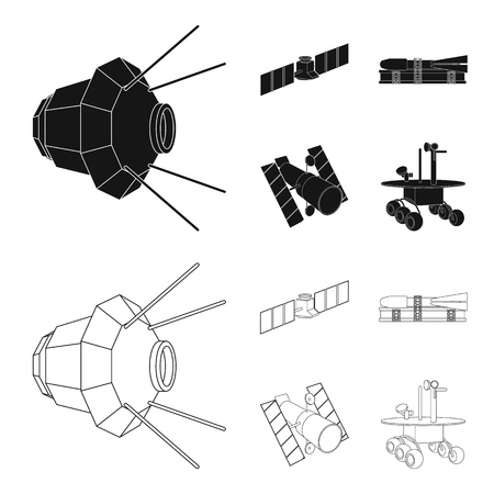 The space station in orbit, the preparation of the launch rocket, the lunar rover on the surface. Space technology set collection icons in black,outline style vector symbol stock illustration .のイラスト素材