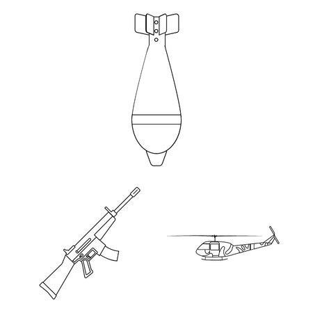Army and armament outline icons in set collection for design. Weapons and equipment vector symbol stock  illustration.のイラスト素材